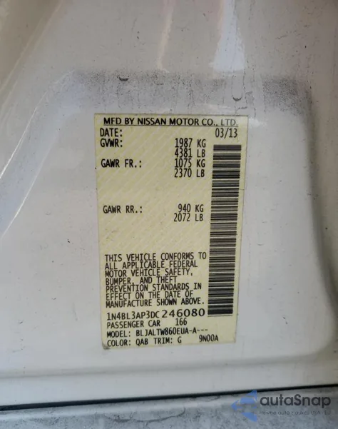 2013 Nissan Altima 3.5S z USA, uszkodzony, nr VIN 1N4BL3AP3DC246080